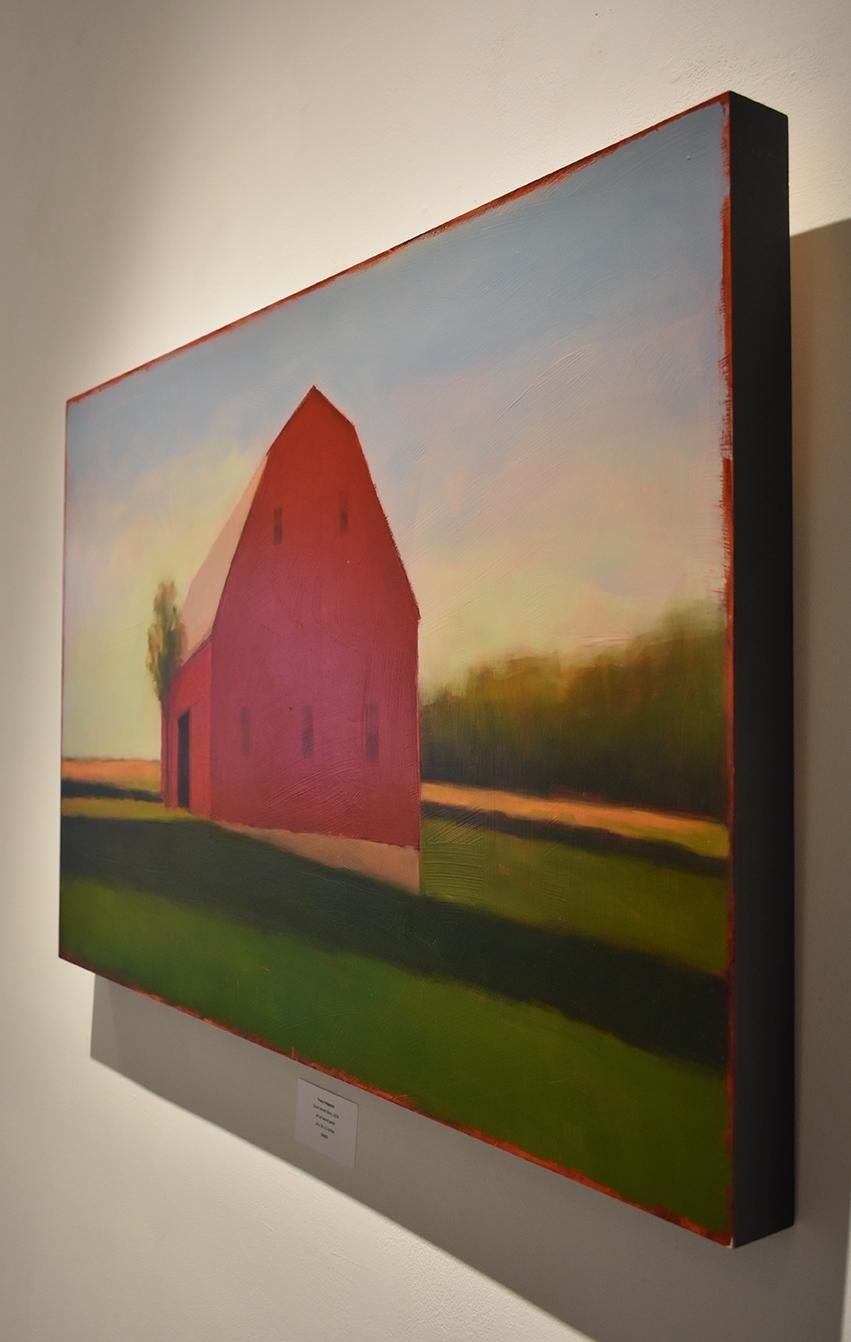 Minimal, modern American Realist landscape of a red barn on a green country farm 
oil on birch panel, 24 x 36 x 2 inches
Ready to hang as is, no frame required, edges of the panel are painted soft black

This modern American landscape painting was