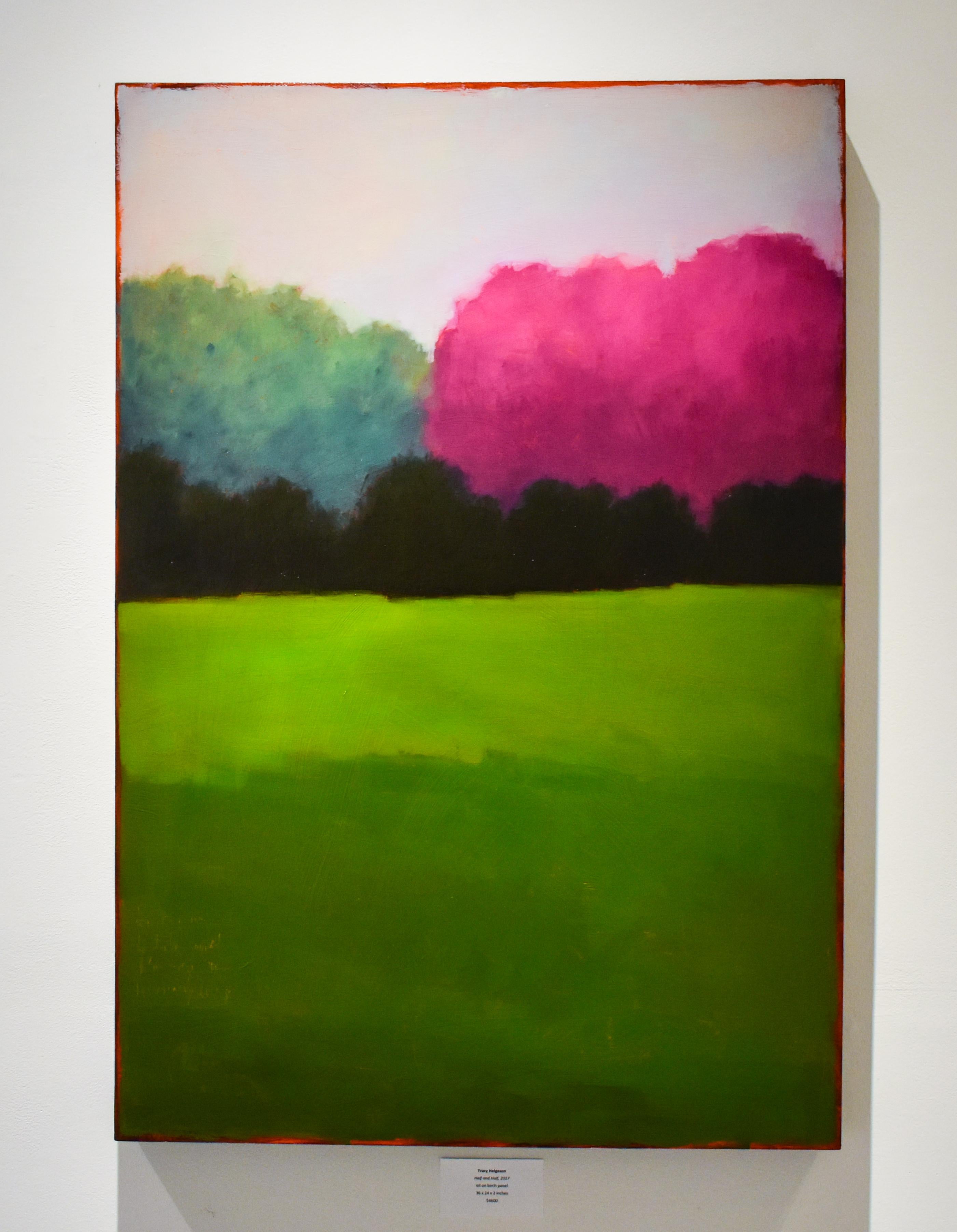 Half & Half (Contemporary Minimalist Vertical Landscape in Magenta) - Painting by Tracy Helgeson