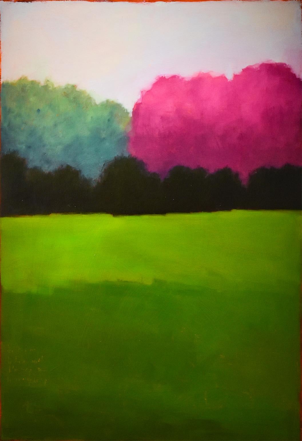 Tracy Helgeson Abstract Painting - Half & Half (Contemporary Minimalist Vertical Landscape in Magenta)