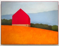 Hillside Barn (Abstrakte Landschaftsmalerei mit roter Scheune:: orangefarbenem Feld und blauem Himmel)