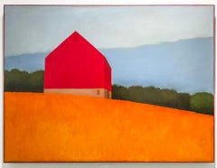 Hillside Barn (Abstract Landscape Painting w/ Red Barn, Orange field, Blue Sky)