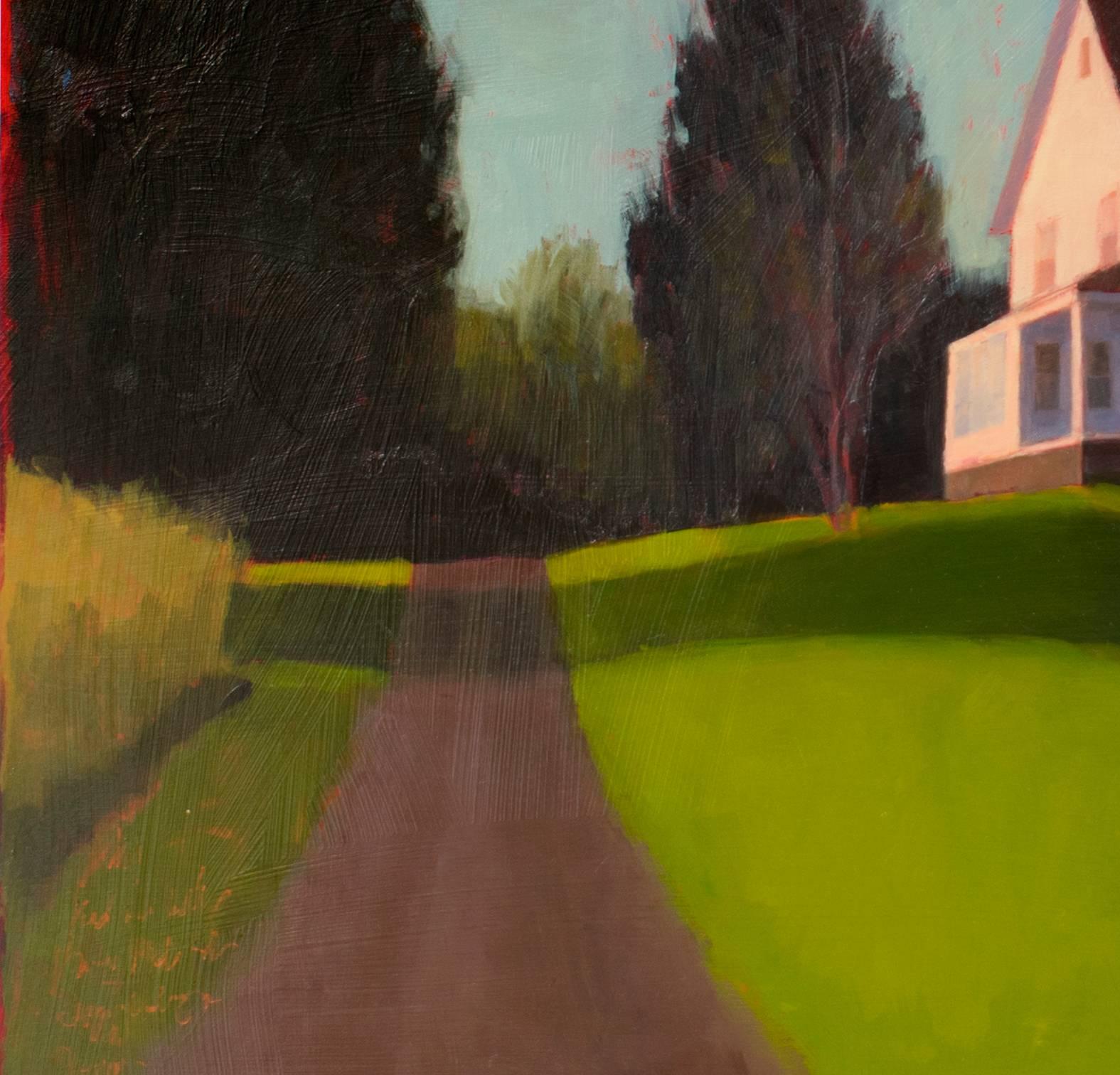 It Was A Beautiful Day (Hopper-esque Contemporary Landscape with White House) by Tracy Helgeson
Minimal, abstracted landscape painting in shades of bright red, white, green and blue 
oil on birch panel, 24 x 30 x 2 inches
Ready to hang as is, no