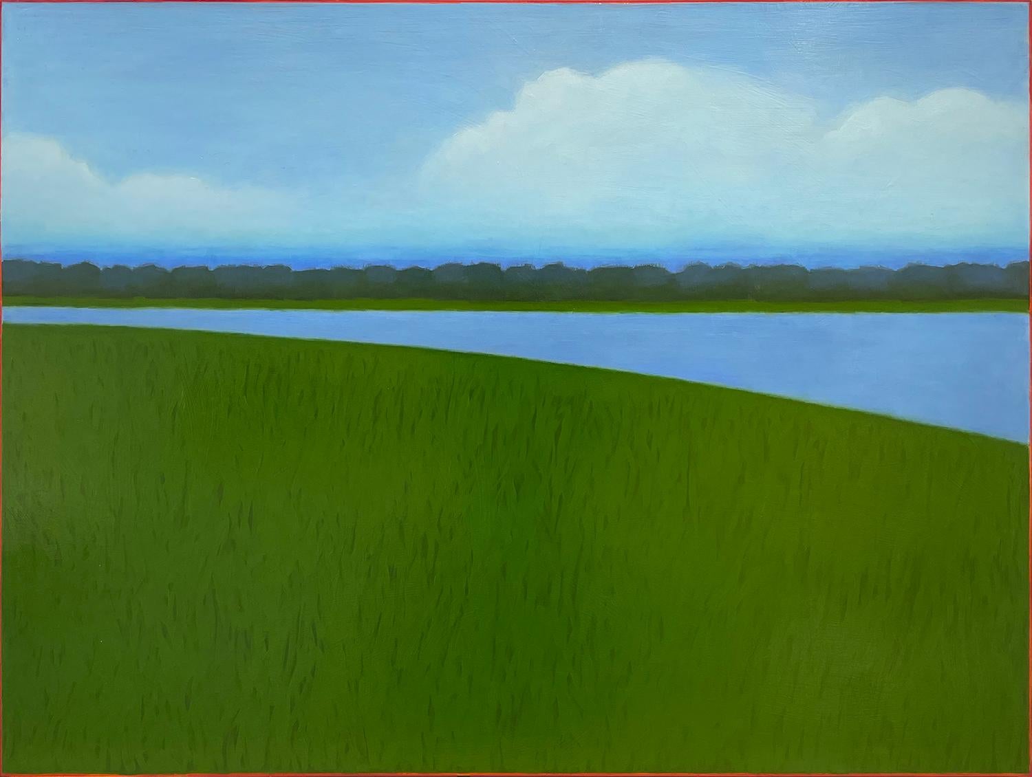 Landscape Painting de Tracy Helgeson - Lakeview (paisaje expansivo azul y verde que recuerda a la pintura de campo de color)