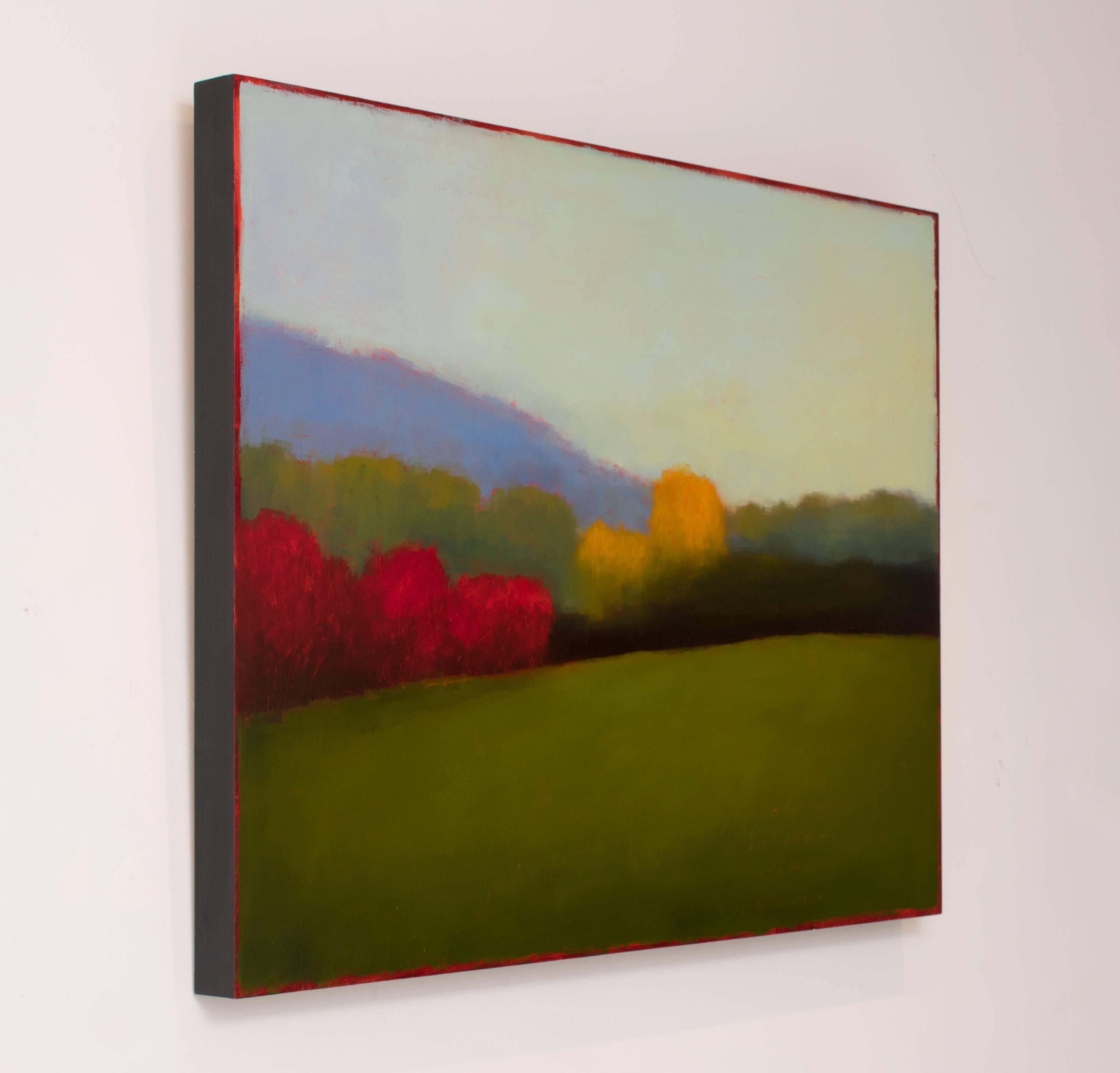 Abstract minimalist landscape painting on panel in shades of red, yellow, blue and green 
oil on birch panel, 30 x 40 x 2 inches
Ready to hang as is, no frame required, Edges of panel are painted soft black

Helgeson saturates a panel with layers of