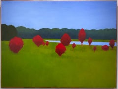  Life Around the Pond (Abstracted Landscape Painting w/ Red Trees & Blue Sky)