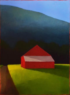 Light Drama (Minimal Landscape Painting of Red Barn in the Country Mountainside)