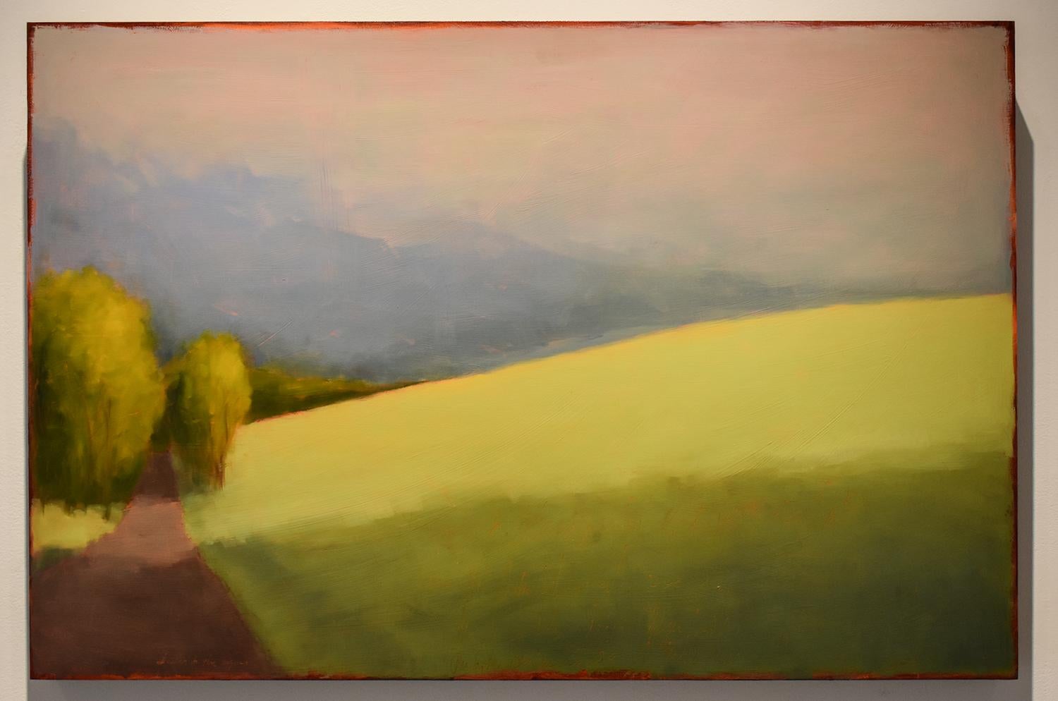 Long Light: Modern Color Field Landscape Painting of a Green Field & Blue Sky 1