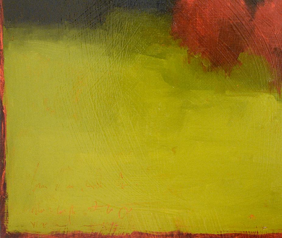 Moody Day: Abstract Landscape Painting of a Green Field, Red Trees & Blue Sky - Brown Abstract Painting by Tracy Helgeson