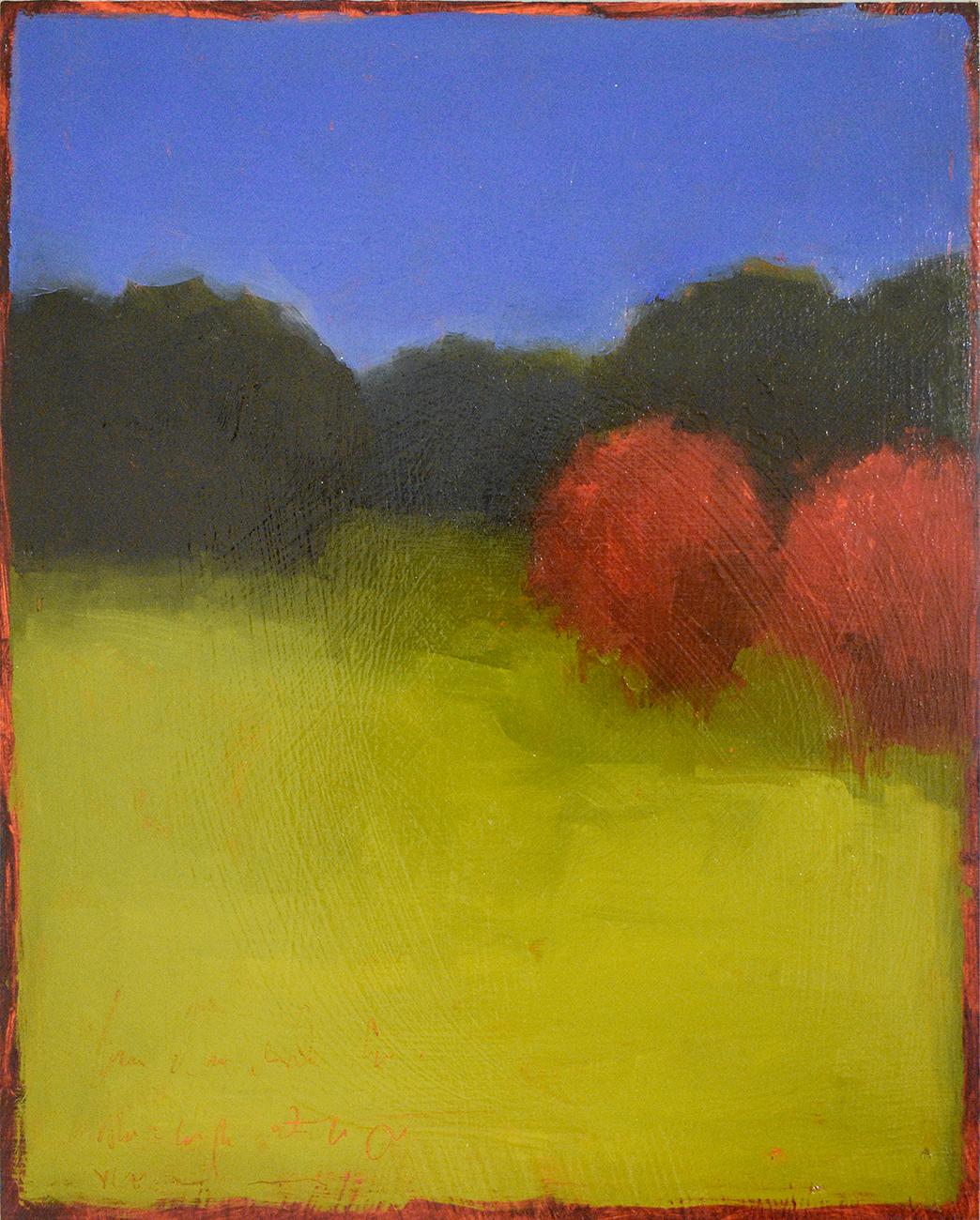 Moody Day: Abstract Landscape Painting of a Green Field, Red Trees & Blue Sky