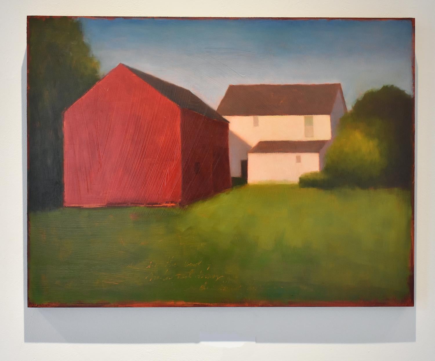 Bauernhof eines Malers: Zeitgenössisches Landschaftsgemälde eines rot-weißen Scheunens – Painting von Tracy Helgeson