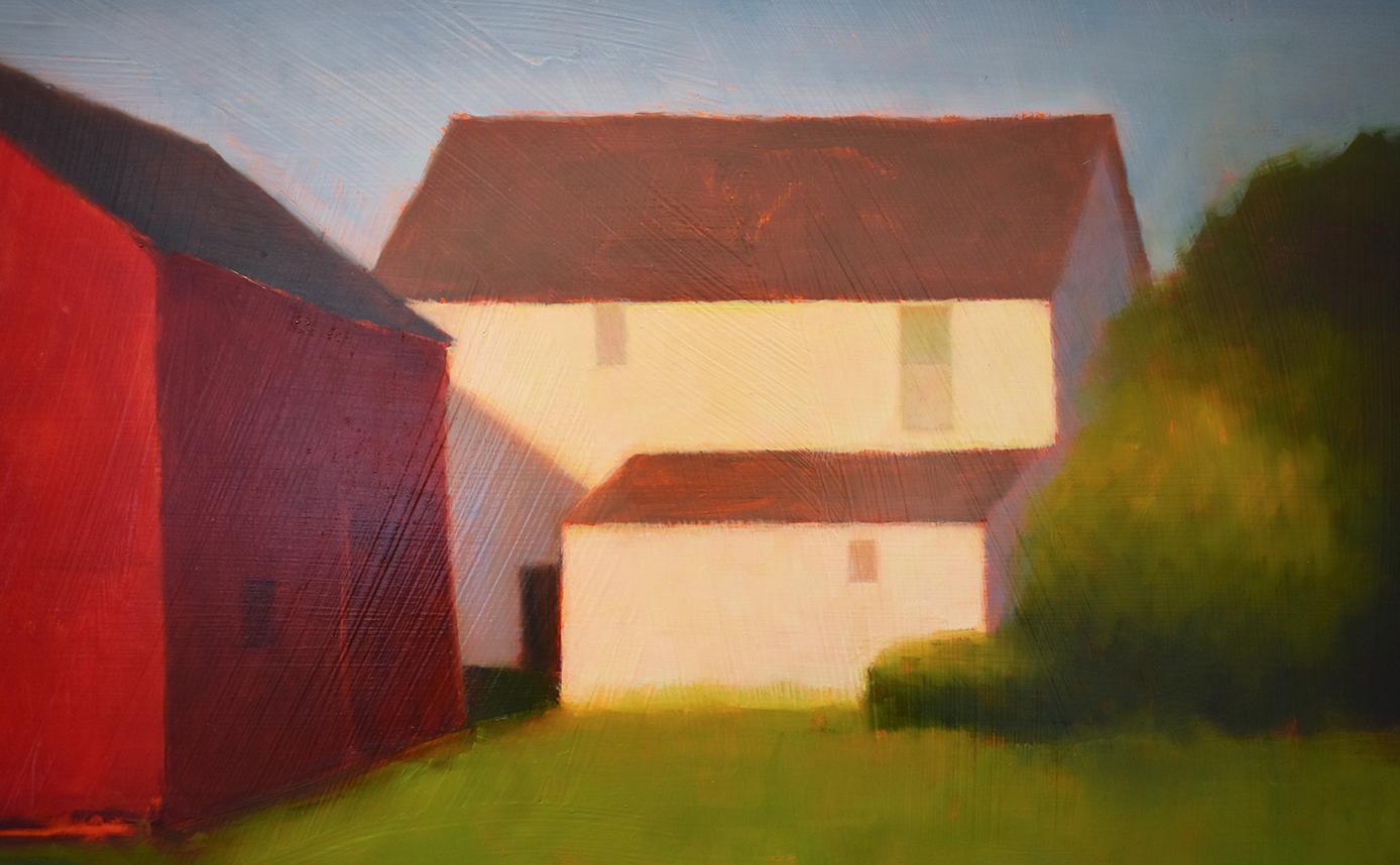 Minimal, modern landscape of an architectural white and red barn on a country farm 
oil on birch panel, 18 x 24 inches
Ready to hang as is, no frame required, edges of the panel are painted soft black

This modern American landscape painting was