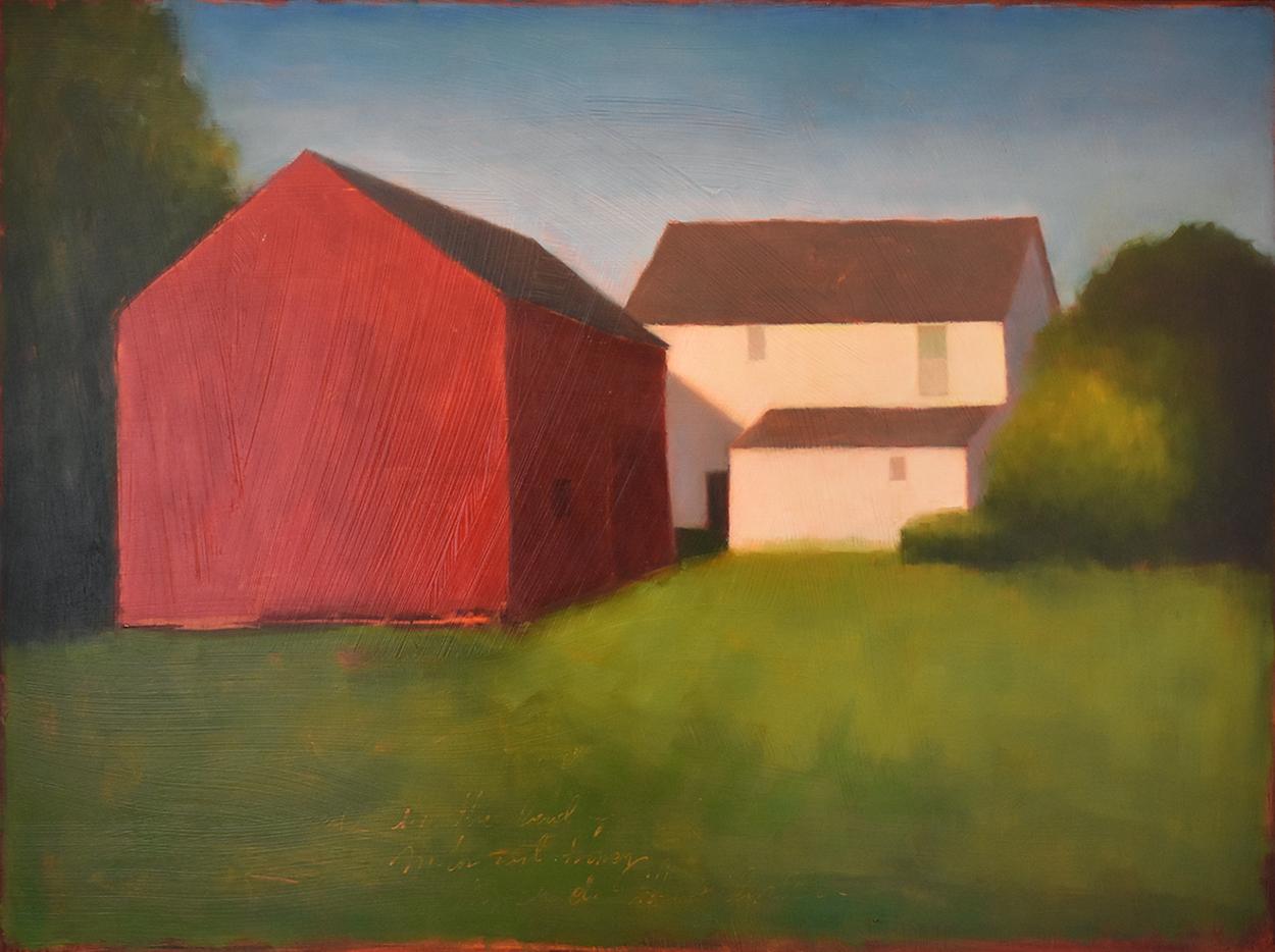 Tracy Helgeson Landscape Painting – Bauernhof eines Malers: Zeitgenössisches Landschaftsgemälde eines rot-weißen Scheunens