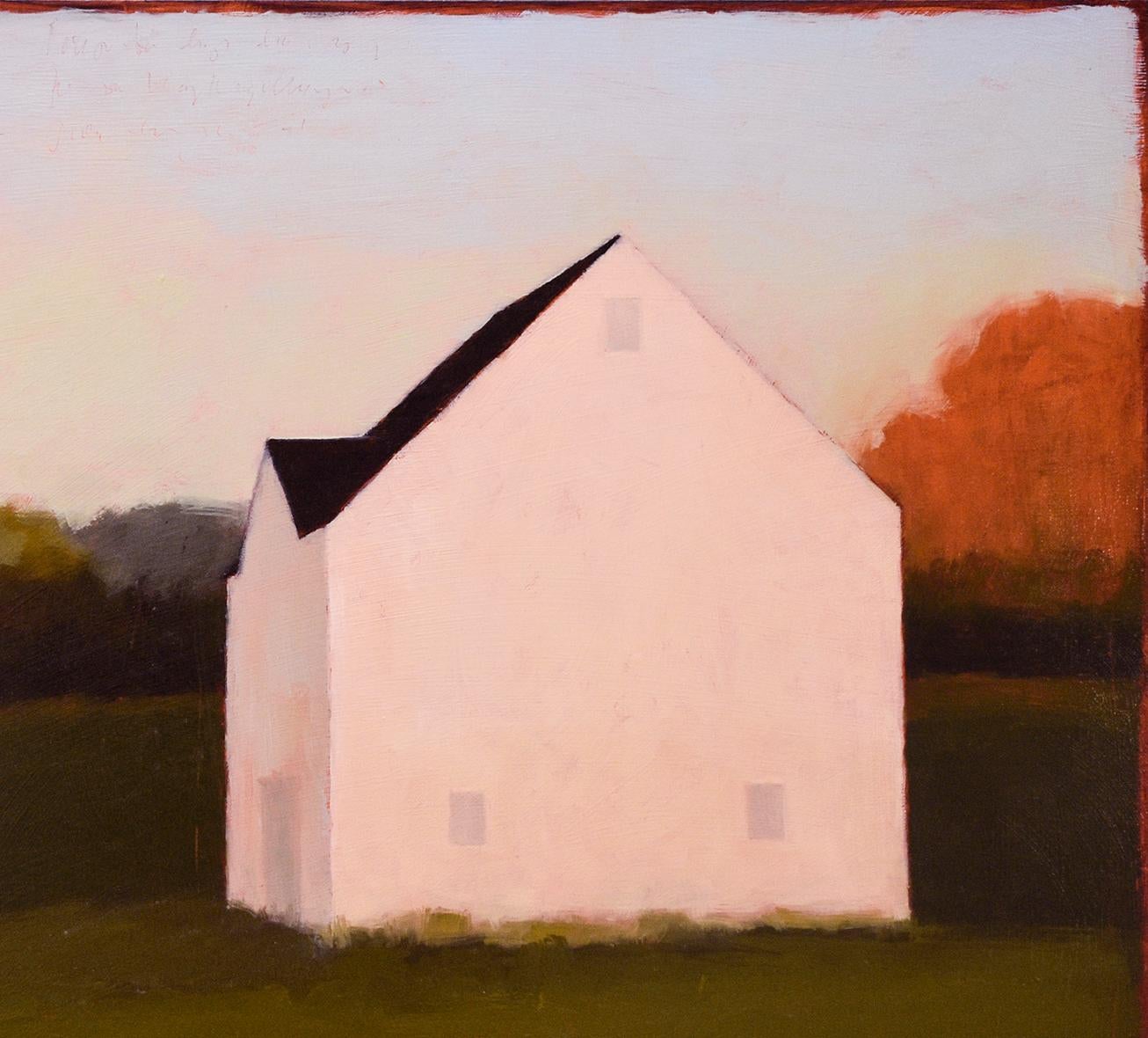 Peek at the Roof (Minimal-Landschaftsgemälde eines Weißen Hauses auf grünem Feld) (Braun), Abstract Painting, von Tracy Helgeson