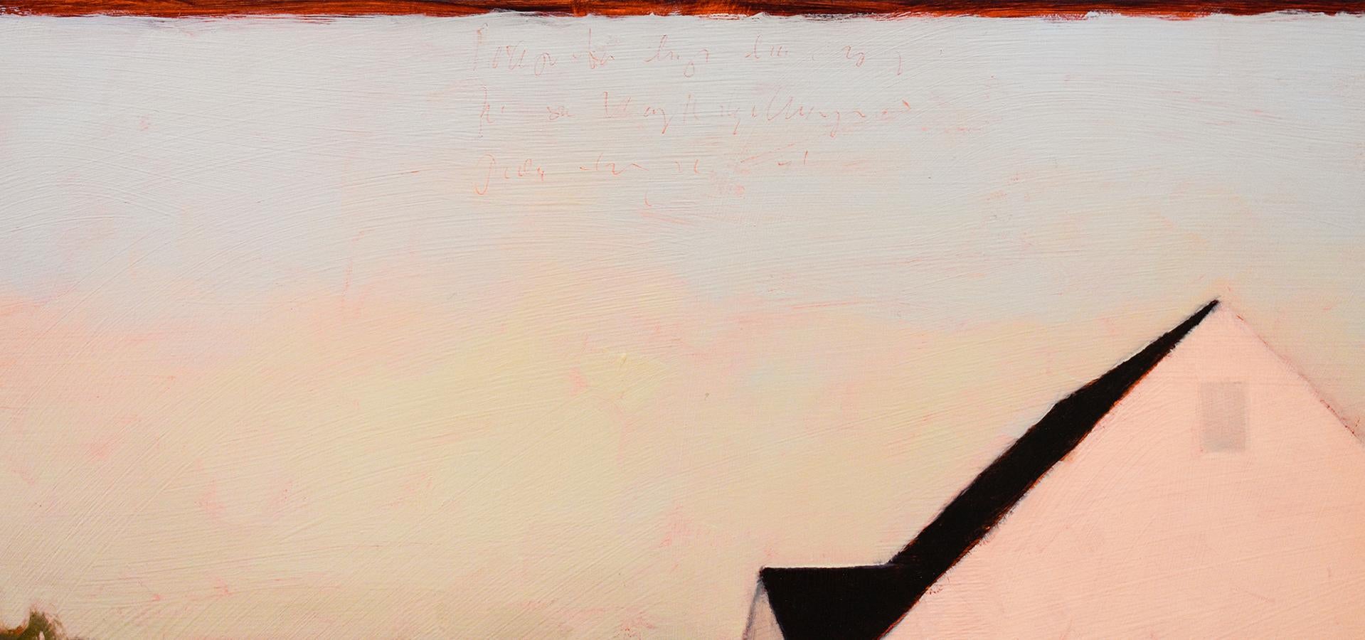 Minimalistische:: abstrahierte Landschaft eines weißen Hauses auf einem grünen Feld mit orangefarbenem Herbstlaub unter einem blauen Himmel 
„Peek at the Roof“:: gemalt von Tracy Helgeson im Jahr 2019 
Ölgemälde auf Birkenplatte 
Er kann so