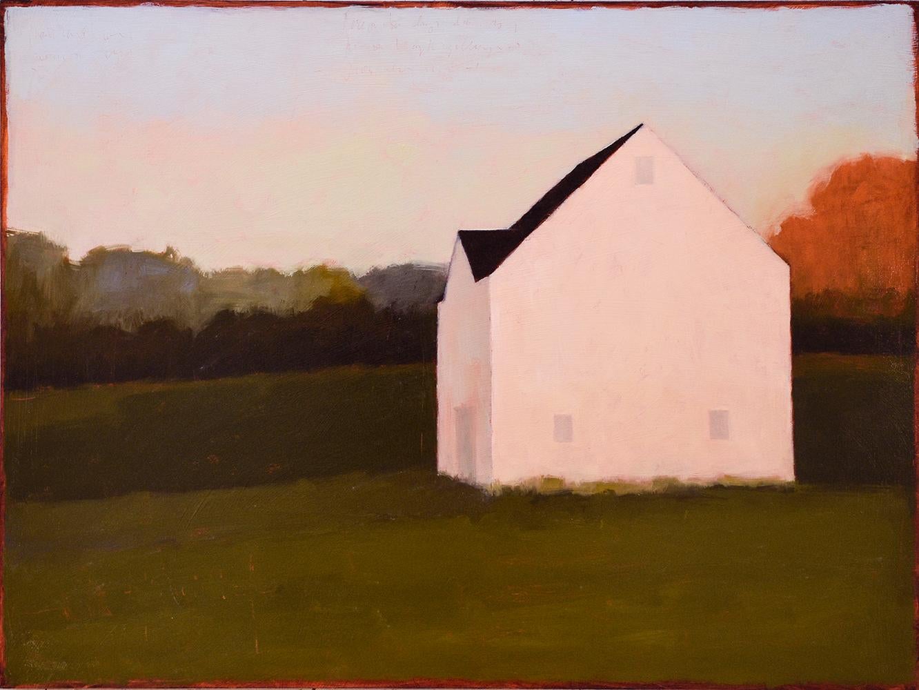 Tracy Helgeson Abstract Painting – Peek at the Roof (Minimal-Landschaftsgemälde eines Weißen Hauses auf grünem Feld)