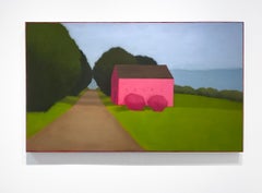 Pink on Pink (Abstract Landscape Painting on Panel of a Barn on a Country Road)