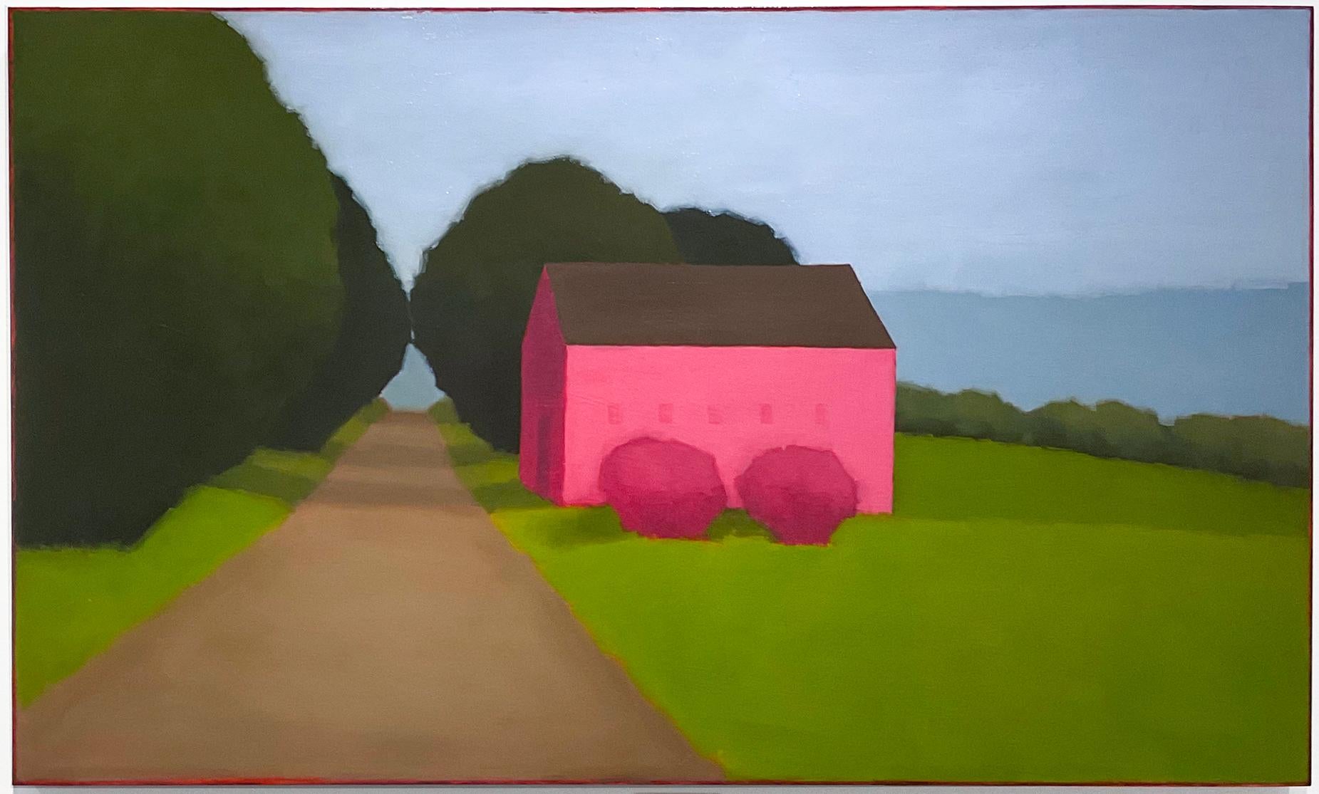 Tracy Helgeson Abstract Painting - Pink on Pink (Abstract Landscape Painting on Panel of a Barn on a Country Road)