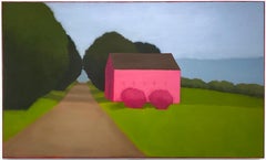 Pink on Pink (Abstract Landscape Painting on Panel of a Barn on a Country Road)