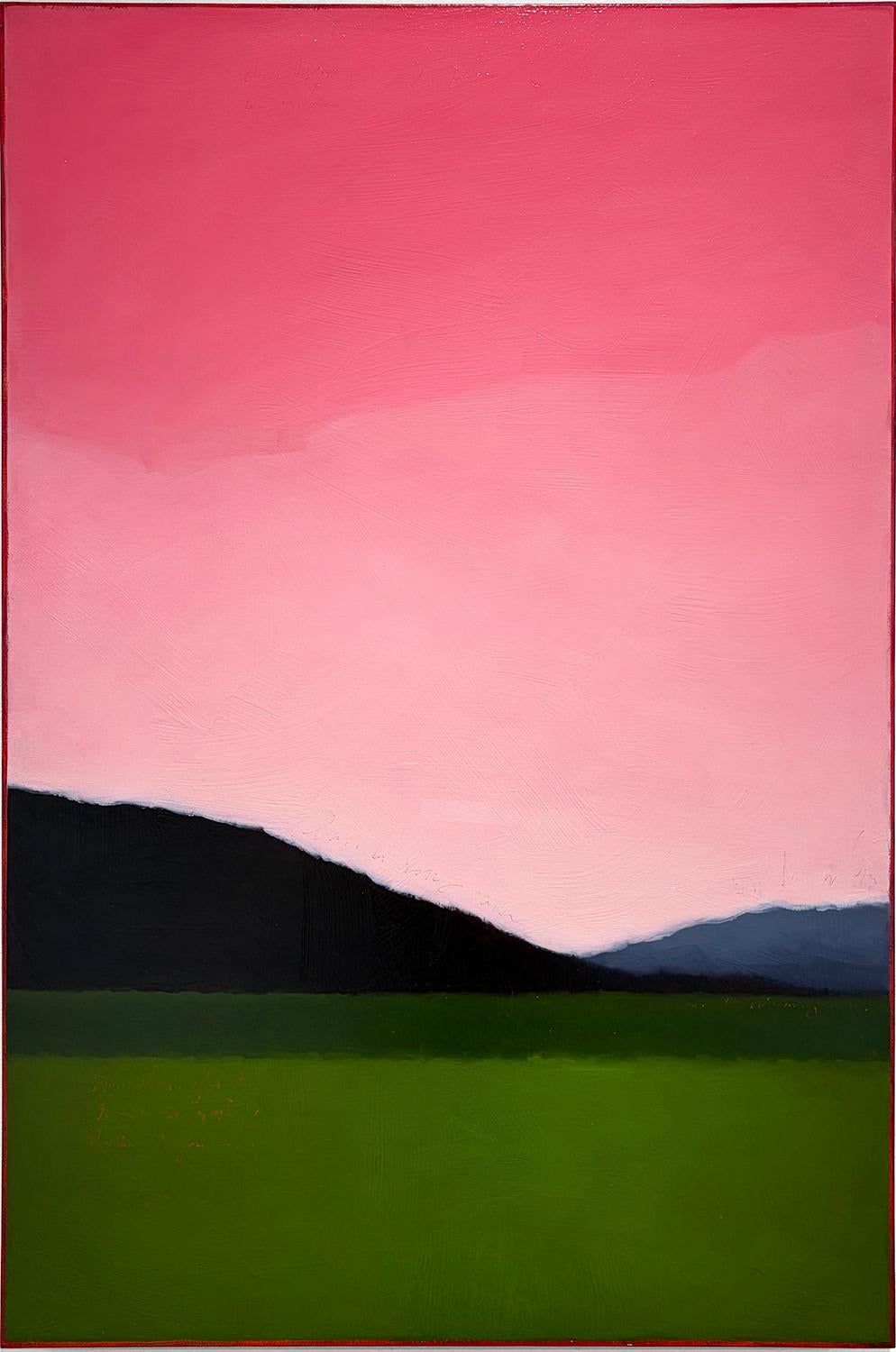Tracy Helgeson Landscape Painting - Pink Overhead (Abstracted Landscape of a Green Field, Pink Sky 
Mountains)