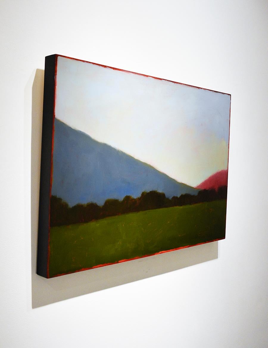 Abstracted landscape painting of dark green field with blue mountains and magenta hills

