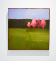 Pink Trees (Abstracted Landscape Painting of Green Field & Periwinkle Sky)