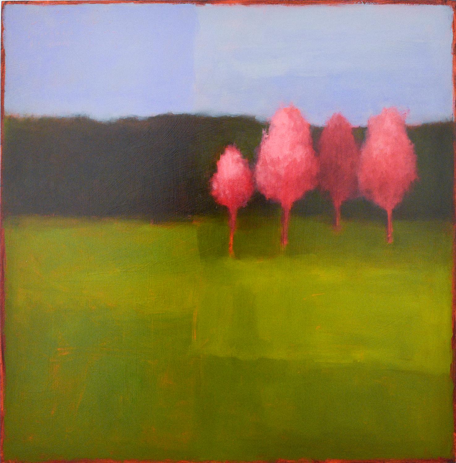 Tracy Helgeson Abstract Painting - Pink Trees (Abstracted Landscape Painting of Green Field & Periwinkle Sky)