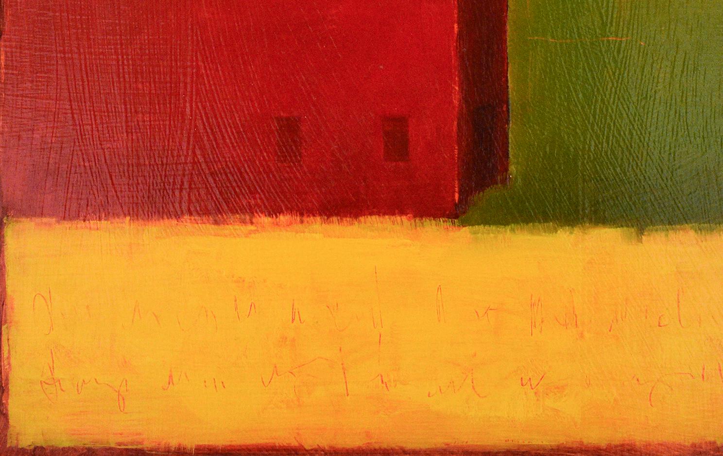 Primarily a Barn (Minimal Abstracted Landscape Painting of a Red Barn on a Farm) - Brown Abstract Painting by Tracy Helgeson
