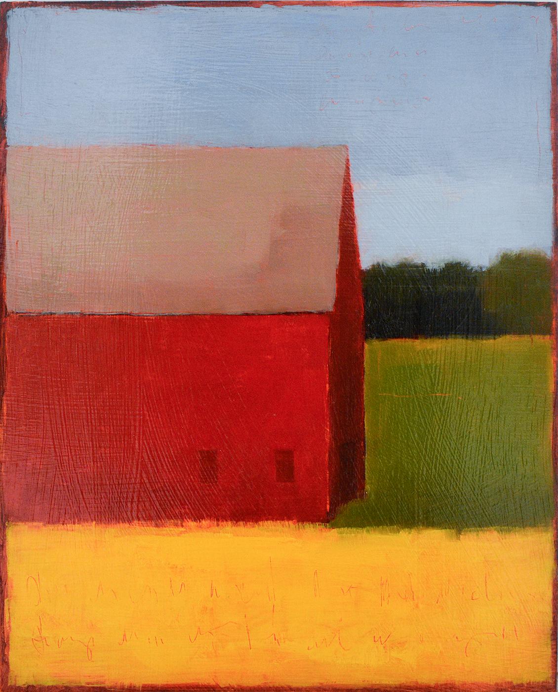 Tracy Helgeson Abstract Painting - Primarily a Barn (Minimal Abstracted Landscape Painting of a Red Barn on a Farm)