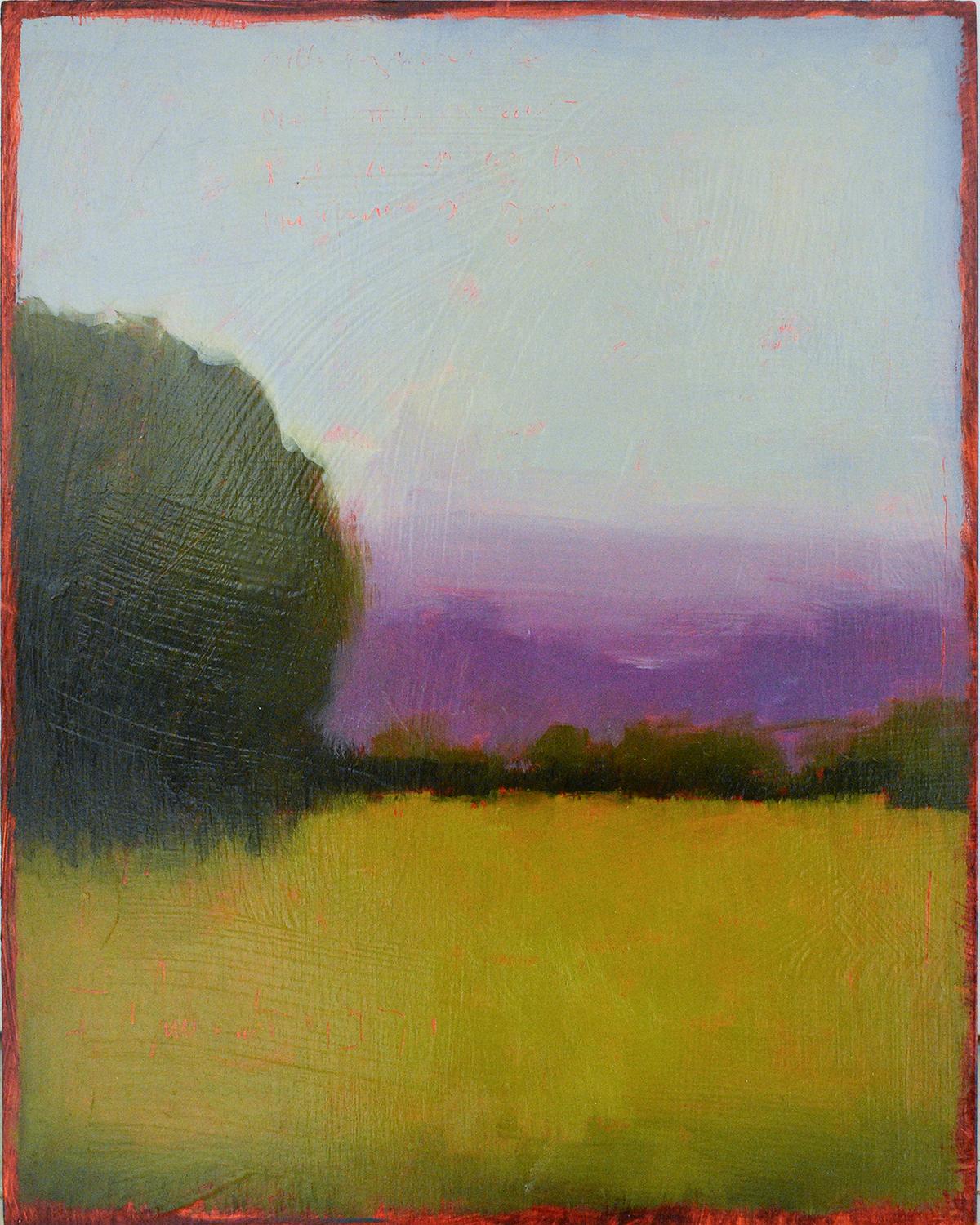 Minimal, abstracted landscape of a green country field, dark green tree horizon, and a purple and light blue sky
oil on birch panel, 10 x 8 inches
Ready to hang as is, no frame required, edges of the panel are painted soft black

This modern