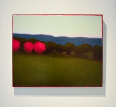 Quiet Nightfall (Abstract Landscape Painting of Green Forest & Pink Trees)