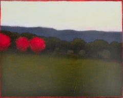 Quiet Nightfall (peinture de paysage abstraite représentant une forêt verte et des arbres roses)