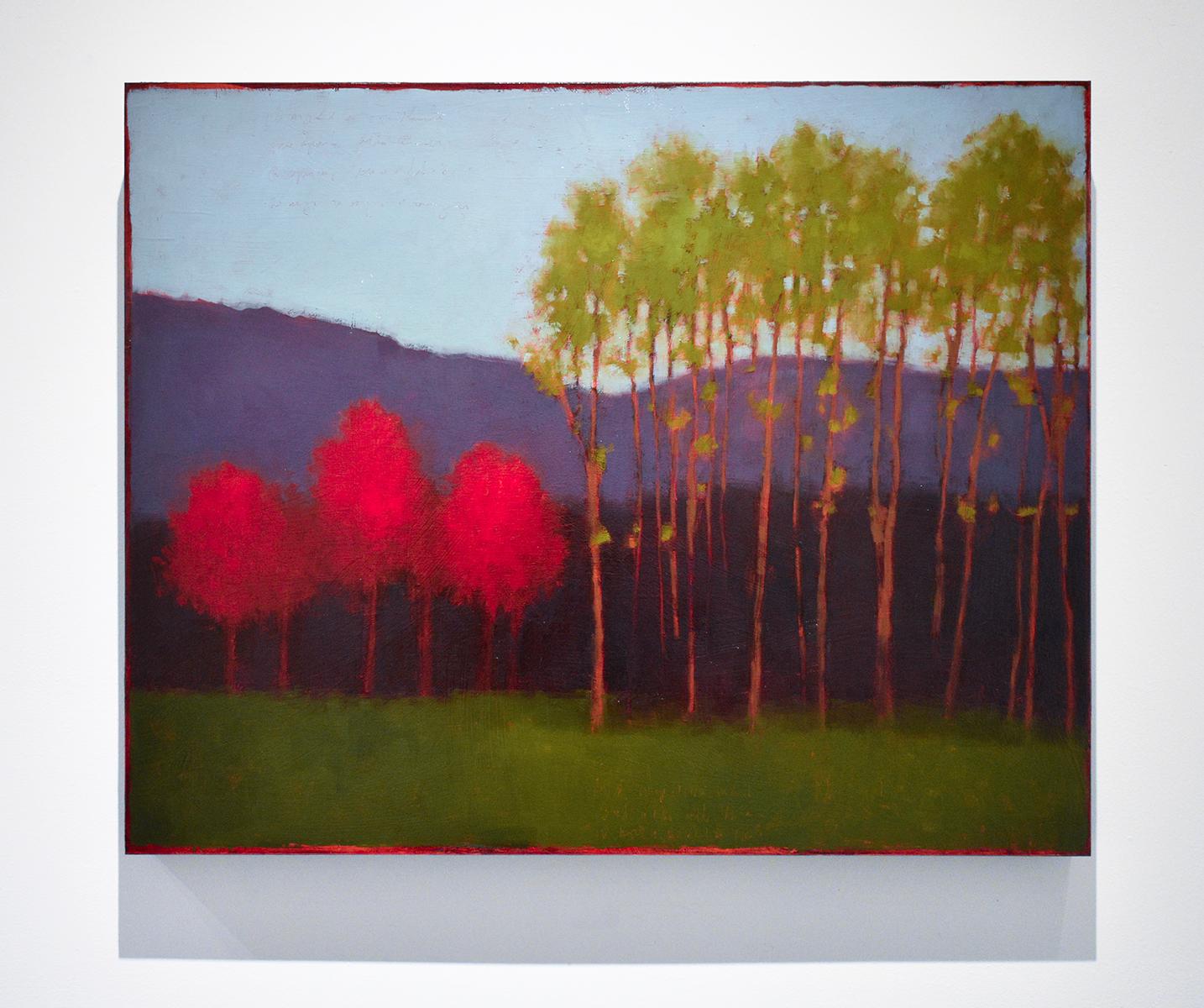 Red Tree, Green Tree (Abstract Landscape Painting on Panel of a Country Forest) (Schwarz), Abstract Painting, von Tracy Helgeson