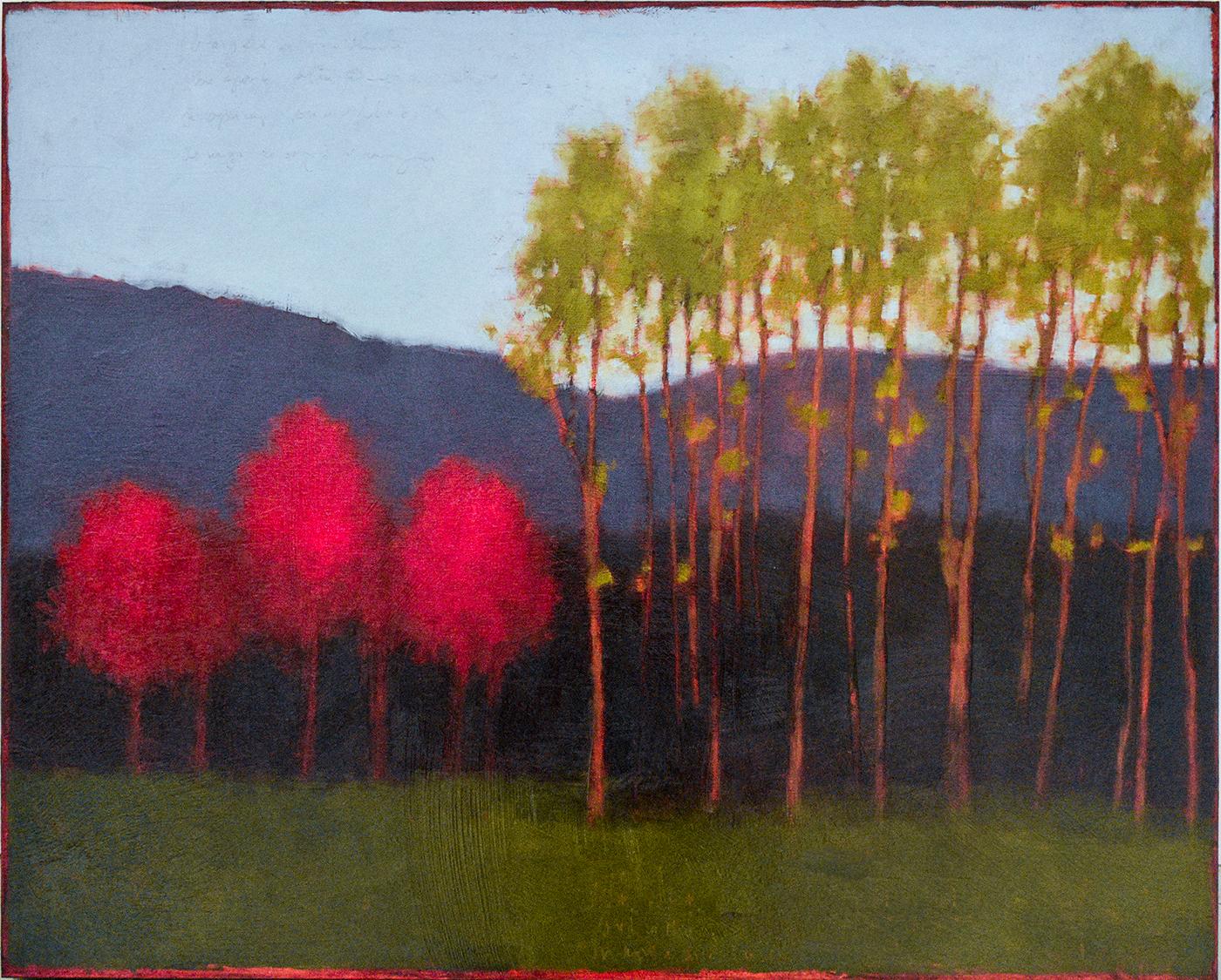 Tracy Helgeson Abstract Painting - Red Tree, Green Tree (Abstract Landscape Painting on Panel of a Country Forest)