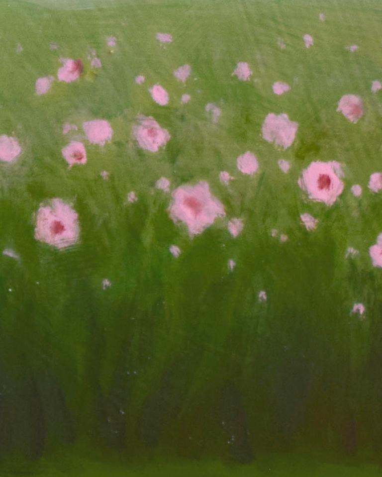 Vista junto a la carretera (Paisaje floral influenciado por la pintura abstracta de campo de color) de Tracy Helgeson, 2023
8 x 10 x 2 pulgadas, óleo sobre panel de abedul, sin enmarcar

Pintura paisajística contemporánea de un campo con diminutas