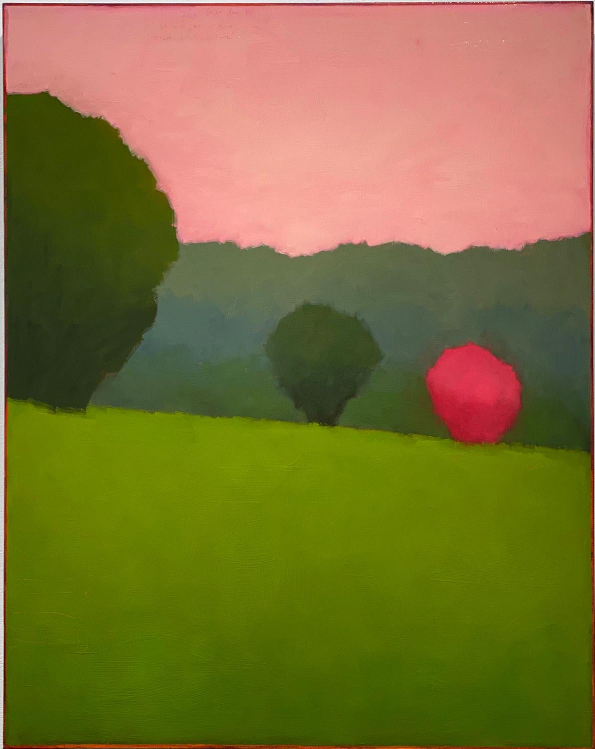 Spring Field (Vertical Color Field Landscape Painting in Pink and Green)
30 x 24 x 2 inches, oil on birch panel

Tracy Helgeson plays on the idea of color field painting with rural landscapes saturated in improbable hues. Helgeson literalizes the