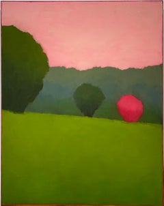 Spring Field (Vertical Color Field Landscape Painting in Pink and Green)