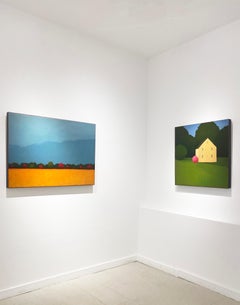 Tree Surround (Color Field Landscape Painting of White House and Pink Tree)