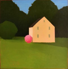 Tree Surround (Color Field Landscape Painting of White House and Pink Tree)