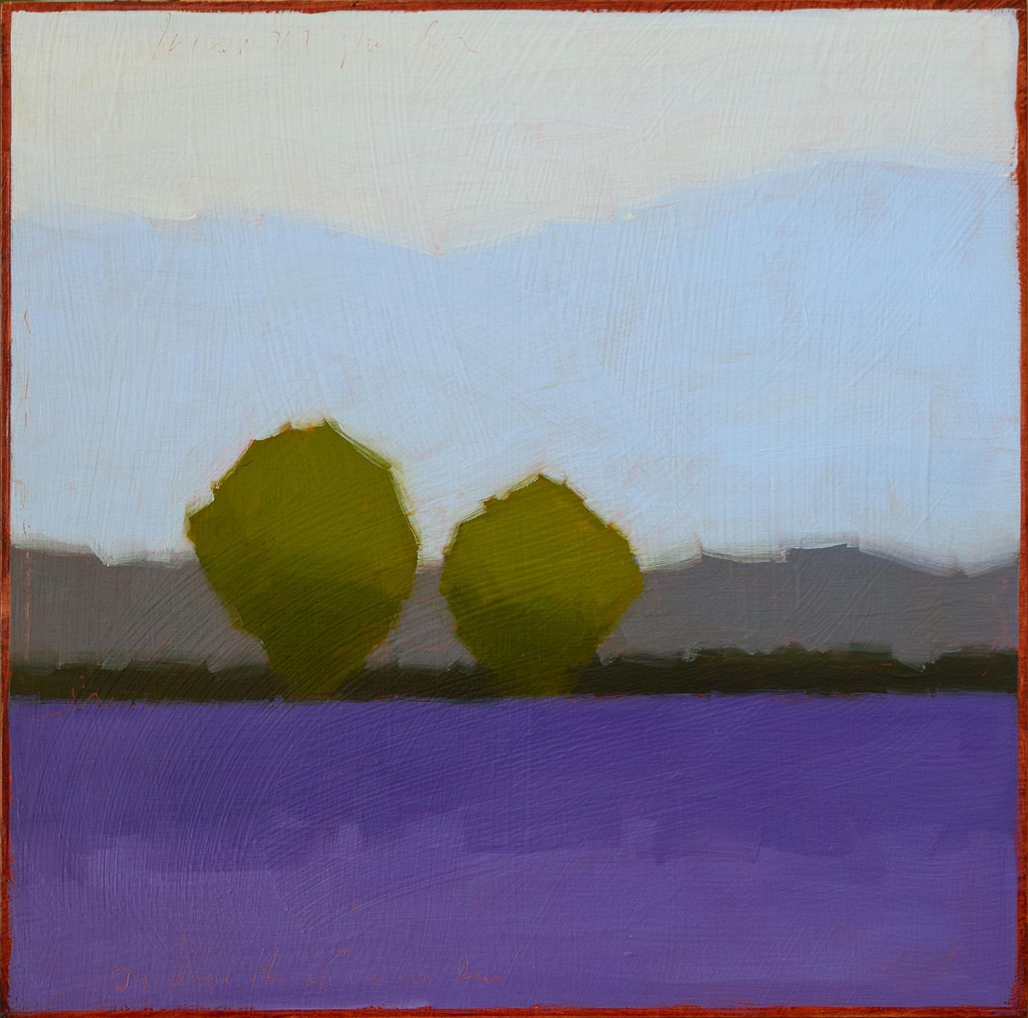 Two Olive Trees (Color Field Painting of a Rural Landscape by Tracy Helgeson)
10 x 10 x 2 inches, oil on birch panel
Tracy Helgeson plays on the idea of color field painting with rural landscapes saturated in improbable hues. Helgeson literalizes