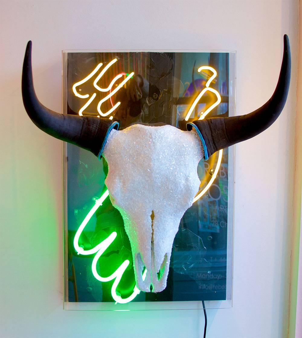 Diamond Head-authentic bison skull and horns, acrylic, resin,  glass SOLD - Art by Tracy L. Griffith