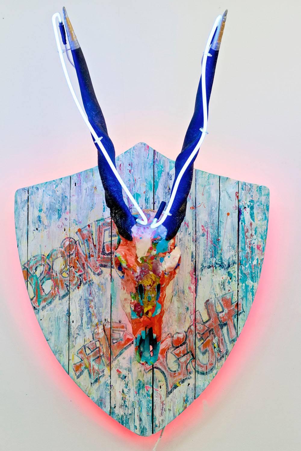 Graffito Original Authentic eland skull and horns, resin, acrylic neon Signed - Art by Tracy L. Griffith