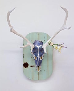 Griffin Original, Authentic stag skull and horns, acrylic, silver leaf and resin