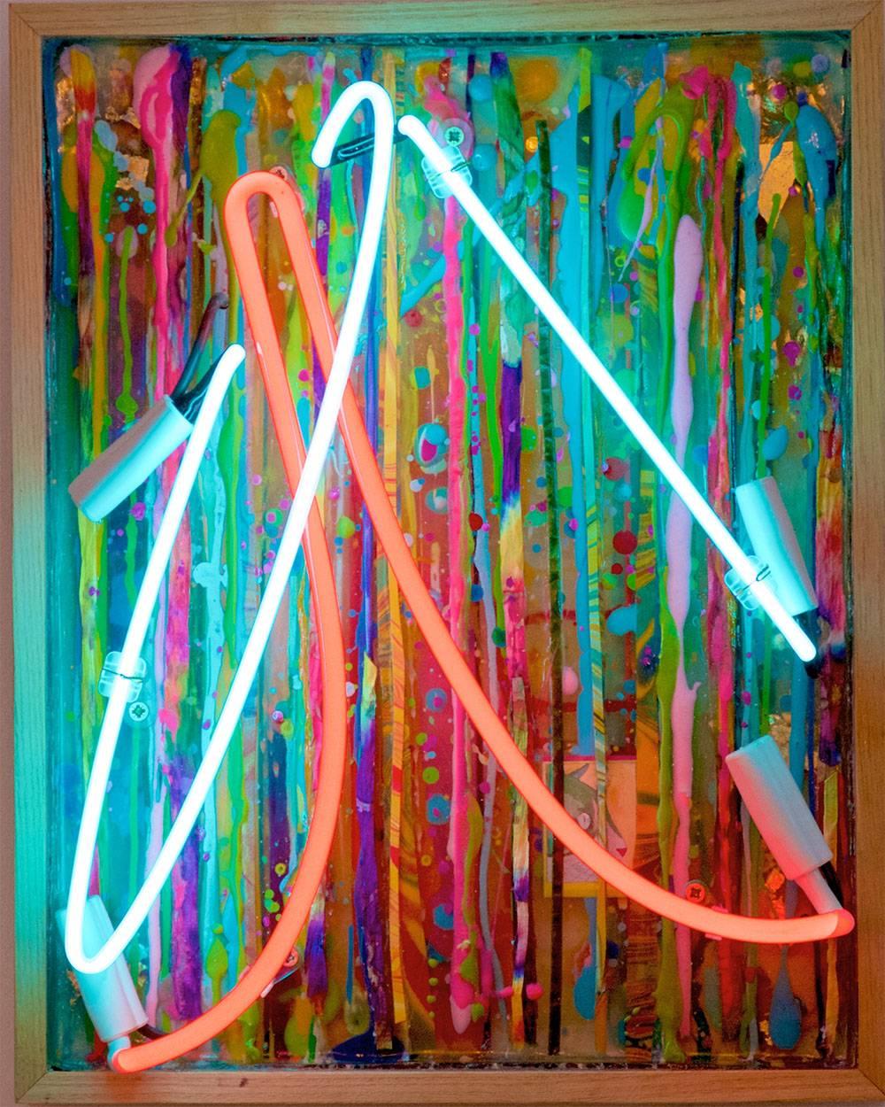 Peak Experience Original Neon Light on Vintage Board Personally Signed  - Mixed Media Art by Tracy L. Griffith