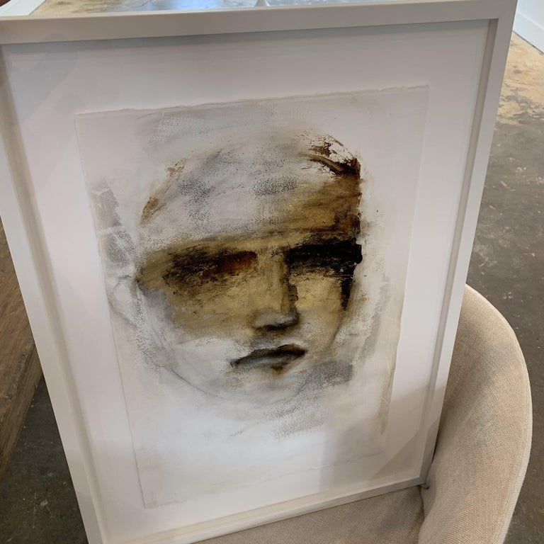 Portrait with Gold Leaf in White Modern Frame - Painting by Tracy Sharp