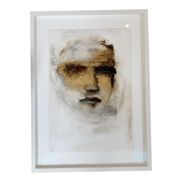 Tracy Sharp Figurative Painting - Portrait with Gold Leaf in White Modern Frame
