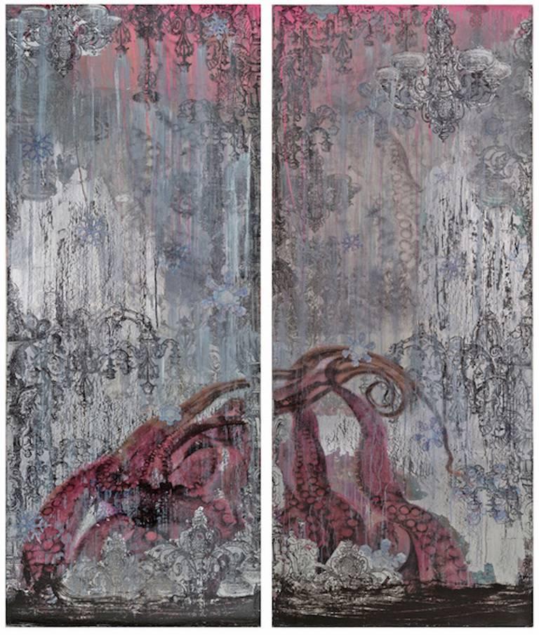 Hibernation, Gemälde in Mischtechnik auf Leinwand, abstrakt, rosa und grau