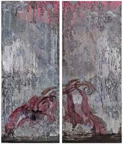 Peinture technique mixte sur toile Hibernation, abstrait, rose et gris