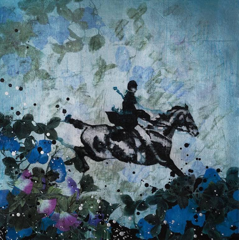 Tracy Silva Barbosa Animal Painting - Saltar, mixed media equestrian painting, horse and rider, blue