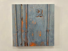 "B3", contemporain, abstrait, bleu, orange, rouille, peinture à l'encaustique et à l'huile.