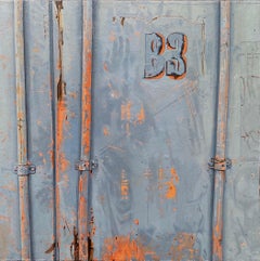 "B3", contemporain, abstrait, bleu, orange, rouille, peinture à l'encaustique et à l'huile.
